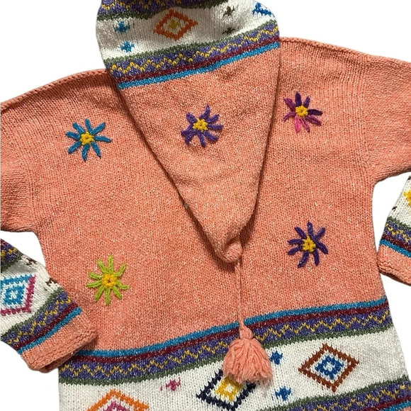 Handmade Vintage Colorful Knit 100% Wool Hooded Cardigan - Picture 5 of 6